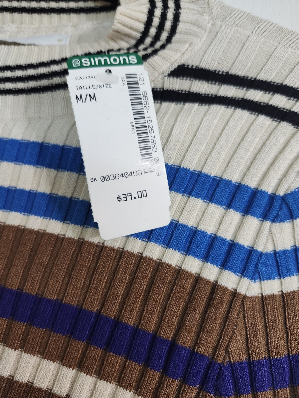 Only Ribbed Crewneck Top in Cream, Blue & Brown Stripes - Picture 4 of 5